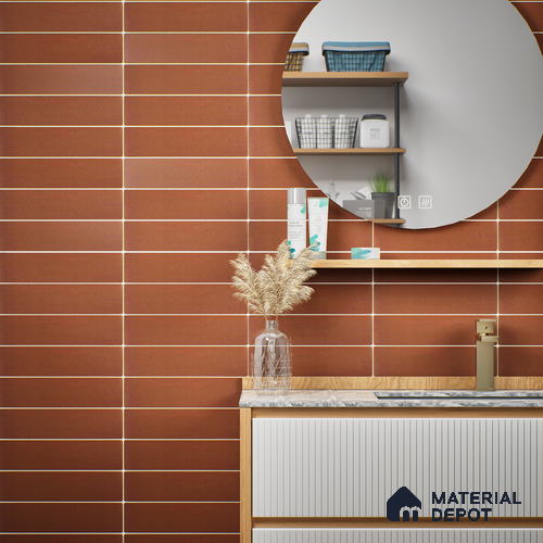Subway Solid Wall Tile TL 05230 Sheen Teracotta 12 x 3 inch Vitrified Matte Finish - 8 mm | 21 Random Faces | Suitable for Accent / Feature Walls, Bathroom, Kitchen Wall & Backsplashes