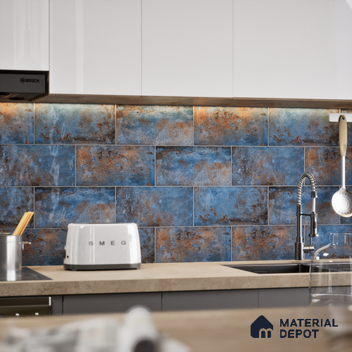 Subway Stone Wall Tile TL 05239 Relics River Blue 12 x 6 inch Vitrified Glossy Finish - 8 mm | 56 Random Faces | Suitable for Accent / Feature Walls, Bathroom, Kitchen Wall & Backsplashes