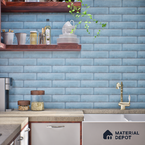 Subway Wall & Floor Tile TL 05232 Colombiana Cerulean Blue Base 12 x 3 inch Vitrified Matte Finish - 8 mm | 20 Random Faces | Suitable for Accent / Feature Walls, Bathroom, Kitchen Wall & Backsplashes