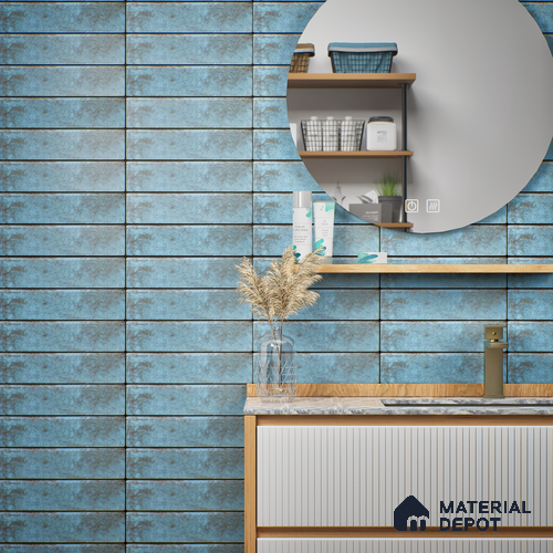 Subway Wall & Floor Tile TL 05232 Colombiana Cerulean Blue Base 12 x 3 inch Vitrified Matte Finish - 8 mm | 20 Random Faces | Suitable for Accent / Feature Walls, Bathroom, Kitchen Wall & Backsplashes