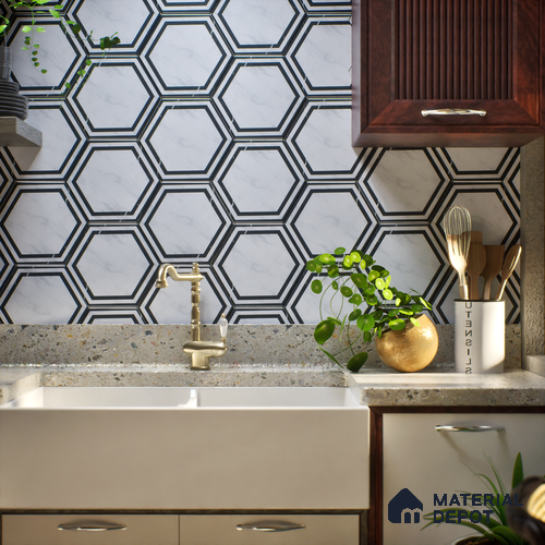 Subway Wall & Floor Tile TL 05274 B Hexalite Black Ice Frame 10 x 9 inch (250x220 mm) Vitrified Matte Finish - 8 mm | Suitable for Living Room, Accent / Feature Walls, Bathroom, Kitchen Wall & Backsplashes