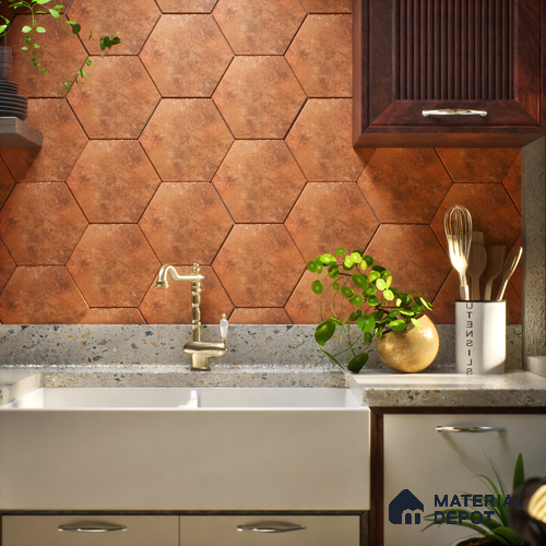 Hexagonal Wall & Floor Tile TL 05275 D Hexalite Terracotta 10 x 9 inch (250x220 mm) Vitrified Matte Finish - 8 mm | 20 Random Faces | Suitable for Living Room, Accent / Feature Walls, Bathroom, Kitchen Wall & Backsplashes
