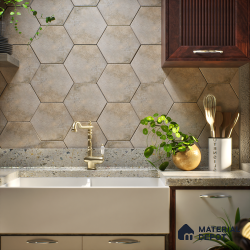 Hexagonal Wall & Floor Tile TL 05275 Hexalite Cocoa 10 x 9 inch (250x220 mm) Vitrified Matte Finish - 8 mm | 20 Random Faces | Suitable for Living Room, Accent / Feature Walls, Bathroom, Kitchen Wall & Backsplashes
