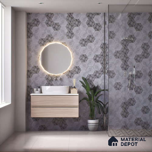 Hexagonal Wall & Floor Tile TL 05271 Hexalite Grana Grey Base 10 x 9 inch (250x220 mm) Vitrified Matte Finish - 8 mm | Suitable for Living Room, Accent / Feature Walls, Bathroom, Kitchen Wall & Backsplashes