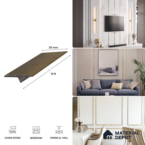 SS 304 T Profile Brush Gold Matte Finish Edgeline PM 00281 AA | 10 ft (3 mtr) x 35 mm x 0.6 mm | Adhesive Type Installation | Suitable for Floor & Walls