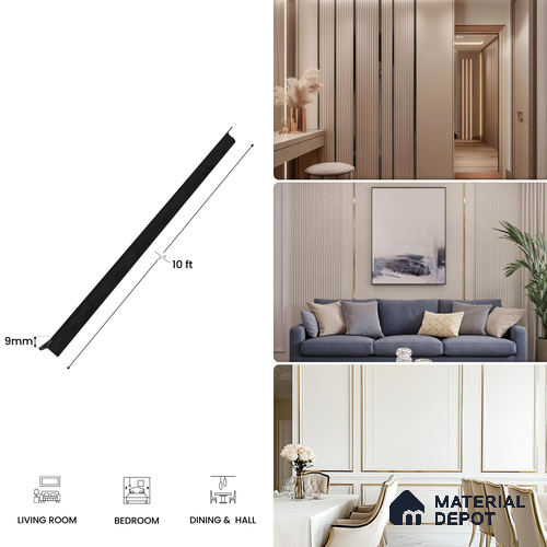 SS 304 T Profile Polish Black Glossy Finish Edgeline PM 00281 B | 10 ft (3 mtr) x 9 mm x 0.6 mm | Adhesive Type Installation | Suitable for Floor & Walls