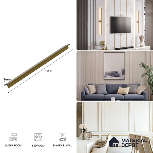 SS 304 T Profile Polished Gold Glossy Finish Edgeline PM 00281 J | 10 ft (3 mtr) x 12 mm x 0.6 mm | Adhesive Type Installation | Suitable for Floor & Walls