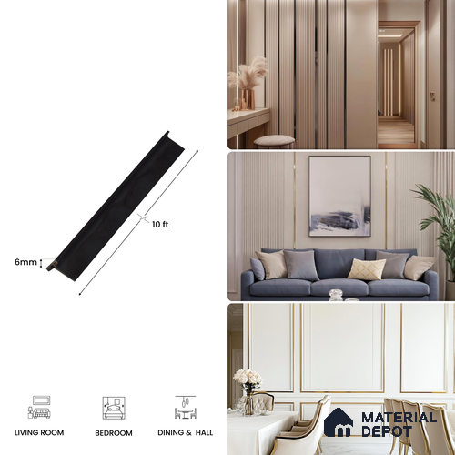 SS 304 T Profile Polish Black Glossy Finish Edgeline PM 00281 | 10 ft (3 mtr) x 6 mm x 0.6 mm | Adhesive Type Installation | Suitable for Floor & Walls