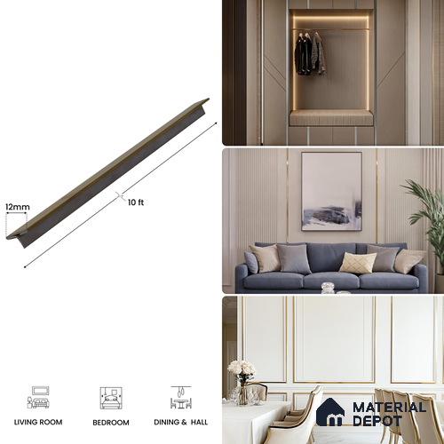 SS 304 T Profile Brush Gold Matte Finish Edgeline PM 00281 X | 10 ft (3 mtr) x 12 mm x 0.6 mm | Adhesive Type Installation | Suitable for Floor & Walls