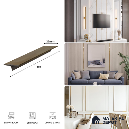 SS 304 T Profile Brush Gold Matte Finish Edgeline PM 00281 Z | 10 ft (3 mtr) x 25 mm x 0.6 mm | Adhesive Type Installation | Suitable for Floor & Walls