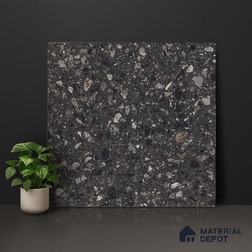 Terrazzo Floor & Wall Tile TL 06022 B Carrara Nero 2 ft x 2 ft Rustic Carving Matte Finish Vitrified Tile - 9 mm | 6 Random Design | Suitable For Living Room, Bedroom, Bathroom, Kitchen & Dining