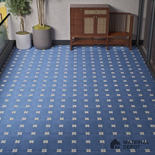 Parking Moroccan Floor Tile TL 08205 B Bloom Azul 16 inch x 16 inch | Vitrified Anti Slip Matte Finish Heavy Duty Tile - 12 mm | Suitable For High Traffic Areas, Parking, Balcony | Pattern Alignment May Vary | 2-3 mm Spacer is Mandatory