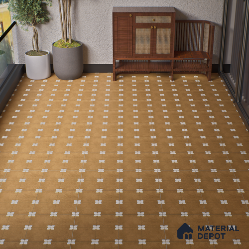 Parking Moroccan Floor Tile TL 08205 Bloom Cafe 16 inch x 16 inch | Vitrified Anti Slip Matte Finish Heavy Duty Tile - 12 mm | Suitable For High Traffic Areas, Parking, Balcony | Pattern Alignment May Vary | 2-3 mm Spacer is Mandatory