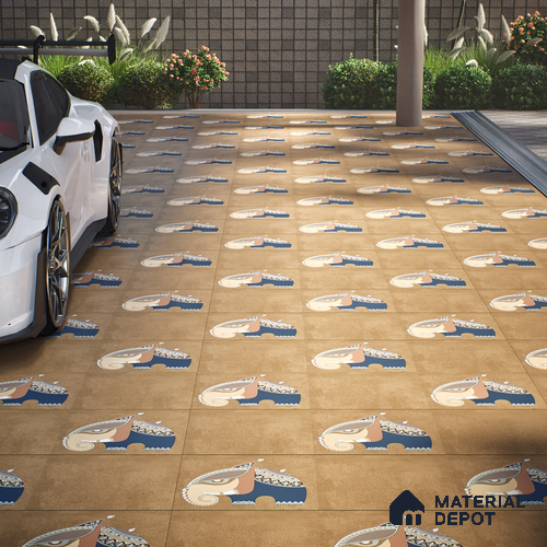 Parking Patterned Floor Tile TL 08206 B Kottai Cafe Decor 16 inch x 16 inch | Vitrified Anti Slip Matte Finish Heavy Duty Tile - 12 mm | Suitable For High Traffic Areas, Parking, Balcony | Pattern Alignment May Vary | 2-3 mm Spacer is Mandatory