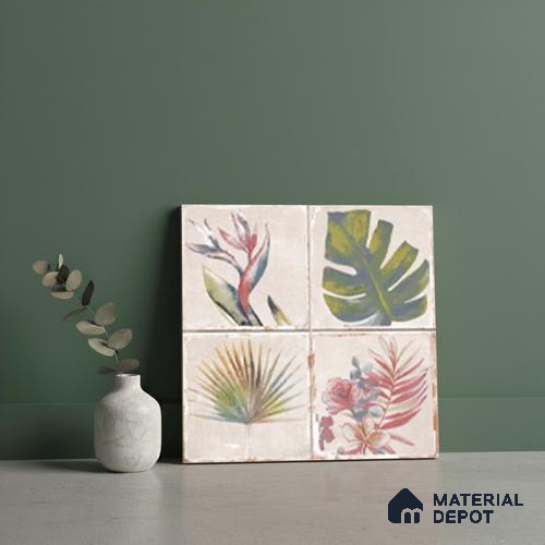 Floral Wall Tile TL 10415 Antic Leaf - Decor 1 1 ft x1 ft Ceramic Matte Finish Tile - 9 mm | Suitable For Kitchen, Bathroom Walls and Backsplashes | Please Expect a Slight Variation of Pattern