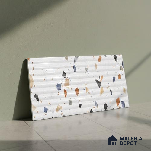 Terrazzo Wall Tile TL 09746 C  2 ft x 1 ft White Ceramic Glossy Finish Decor 2 Tile - 9 mm | Ideal for Bathroom, Kitchen