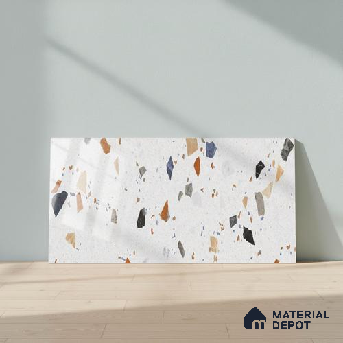 Terrazzo Wall Tile TL 09746 2 ft x 1 ft White Ceramic Glossy Finish Light Tile - 9 mm | Ideal for Bathroom, Kitchen