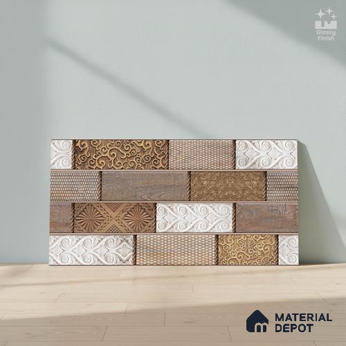 Wood Wall Tile TL 09728 B 24200 2 ft x 1 ft Brown Ceramic Glossy Finish Highlighter 4 Tile - 9 mm | Ideal for Bathroom, Kitchen