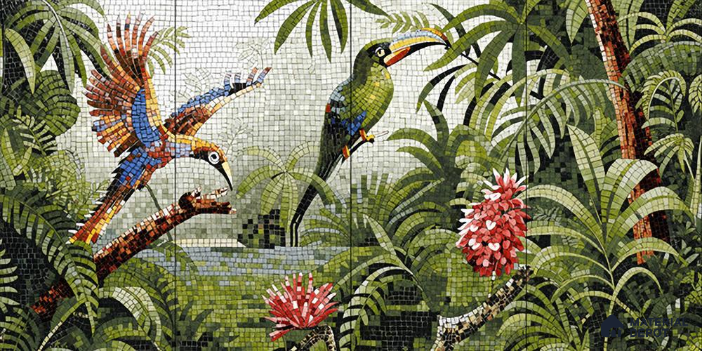 Faux Mosaic Mural Poster Wall Tile TL 07926 Forest Bird 4 ft x 2 ft Vitrified Glossy Punch Finish - 9 mm | Suitable For Living Room, Bedroom & Office