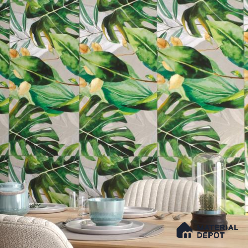 Tropical Wall Tile TL 07545 Monstera Grey Decor A 4 ft x 2 ft Designer Tiles Vitrified Matte Finish - 9 mm  Suitable For Living Room, Bedroom, Bathroom, Dining