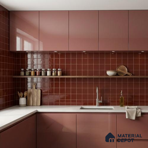 Subway Wall Tile TL 00055 M 4 x 4 inch Red Brown Plain Glossy Finish Ceramic Wall Tile - 5.8 mm | Suitable For Restaurant, Bathroom, Kitchen