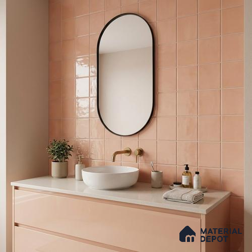 Subway Wall Tile TL 00055 U 8x8 inch Pink Plain Glossy Finish Ceramic Tile - 6 mm | Please Expect a Slight Variation of Pattern
