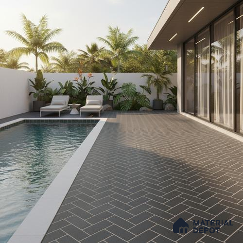 Parking Floor Tile TL 00421 Geometric Black 16 x 16 inch Vitrified Anti Skid Matte Finish Heavy Duty Tile - 12 mm | Suitable For Balcony, Terrace, Pathways | Pattern Alignment May Vary | 2-3 mm Spacer is Mandatory