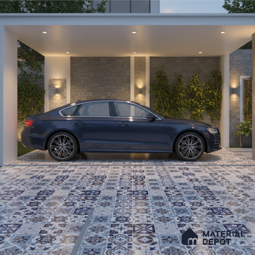 Parking Floor Tile TL 00422 Floral Blue 16 x 16 inch Vitrified Anti Skid Matte Finish Heavy Duty Tile - 12 mm | Suitable For Balcony, Terrace, Pathways | Pattern Alignment May Vary | 2-3 mm Spacer is Mandatory