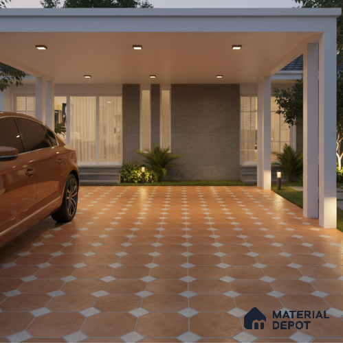 Budget Friendly Hexagonal Look Value for Money Parking Rosy Brown Floor Tile 16 x 16 inch | TL 00599 | Vitrified Matte Finish Tile - 12 mm | Suitable For Parking, Outdoor, Balcony & Terrace | Pattern Alignment May Vary | 2-3 mm Spacer is Mandatory