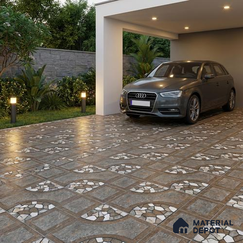 Parking Floor Tile TL 00870 B Grey & Brown | 16 x 16 inch | Anti Skid Matte Finish Heavy Duty Vitrified Tile - 12 mm | Suitable For Outdoor, Terrace, Balcony | Pattern Alignment May Vary | 2-3 mm Spacer is Mandatory