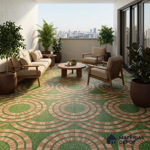 Parking Floor Tile TL 00870 A Green & Brown | 16 x 16 inch | Anti Skid Matte Finish Heavy Duty Vitrified Tile - 12 mm | Suitable For Outdoor, Terrace, Balcony | Pattern Alignment May Vary | 2-3 mm Spacer is Mandatory