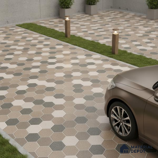 Parking Floor Tile TL 00872 C Beige & Cream | 16 x 16 inch | Anti Skid Matte Finish Heavy Duty Vitrified Tile - 12 mm | Suitable For Outdoor, Terrace, Balcony | Pattern Alignment May Vary | 2-3 mm Spacer is Mandatory