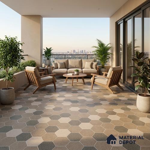 Parking Floor Tile TL 00872 C Beige & Cream | 16 x 16 inch | Anti Skid Matte Finish Heavy Duty Vitrified Tile - 12 mm | Suitable For Outdoor, Terrace, Balcony | Pattern Alignment May Vary | 2-3 mm Spacer is Mandatory