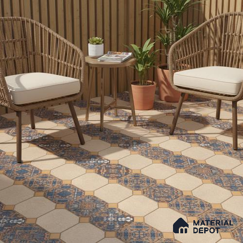 TL 01609 Cream & Blue 16 x 16 inch Matte Finish Vitrified Parking Floor Tile - 12 mm | Pattern Alignment May Vary | 2-3 mm Spacer is Mandatory