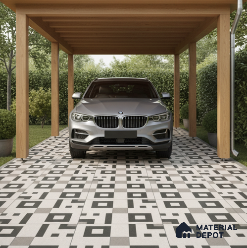Parking Floor Tile TL 03385 G Tetris Grey 16 x 16 inch Matte Finish Anti Slip Vitrified Tile - 12 mm | Pattern Alignment May Vary | 2-3 mm Spacer is Mandatory