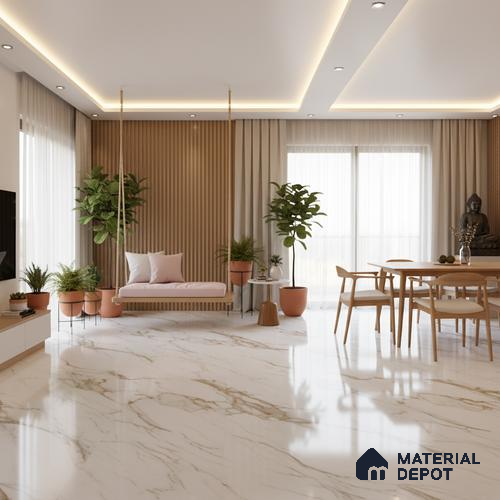 Large Format Marble Floor Tile TL 04408 Statuario Berlin Glossy Finish Vitrified Colorbody Tile - 15 mm | Suitable for Living Room, Bedroom, Office | Adhesive and Spacers Must be Used During Installation