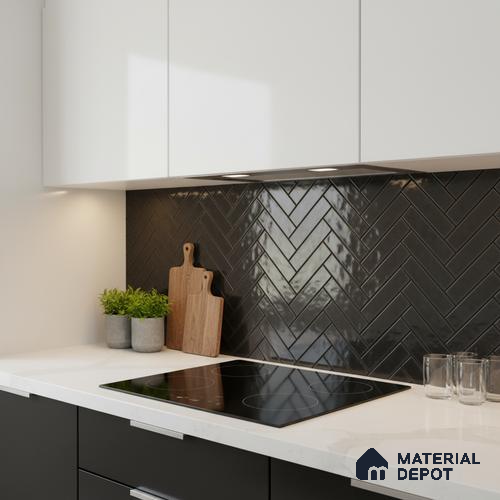 Faux Subway Wall Tile TL 04684 P Herringbone Solara Raven Shine 2 ft x 1 ft Ceramic Glossy Finish - 9 mm | Suitable For Kitchen, Bathroom Walls and Backsplashes | Please Expect a Slight Variation of Pattern