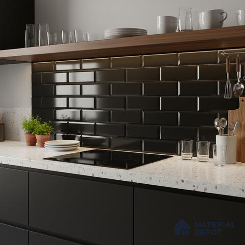 Faux Subway Wall Tile TL 04685 M Brick Solara Classic Black 2 ft x 1 ft Ceramic Glossy Finish - 9 mm | Suitable For Kitchen, Bathroom Walls and Backsplashes | Please Expect a Slight Variation of Pattern