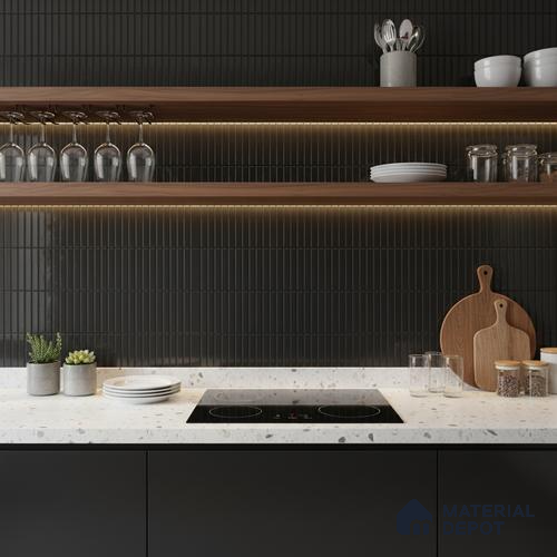 Faux Subway Wall Tile TL 04691 K Vertiline Kitkat Solara Slim Black 2 ft x 1 ft Ceramic Glossy Finish - 9 mm | Suitable For Kitchen, Bathroom Walls and Backsplashes | Please Expect a Slight Variation of Pattern