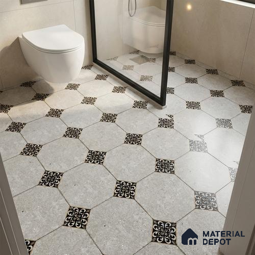 Moroccan Floor Tile TL 04784 Earthen Slate Hexa Silver Grey 16 x 16 inch Vitrified Anti Skid Matte Finish - 12 mm | Suitable for Parking, Terrace, Balcony, Courtyard | Pattern Alignment May Vary | 2-3 mm Spacer is Mandatory