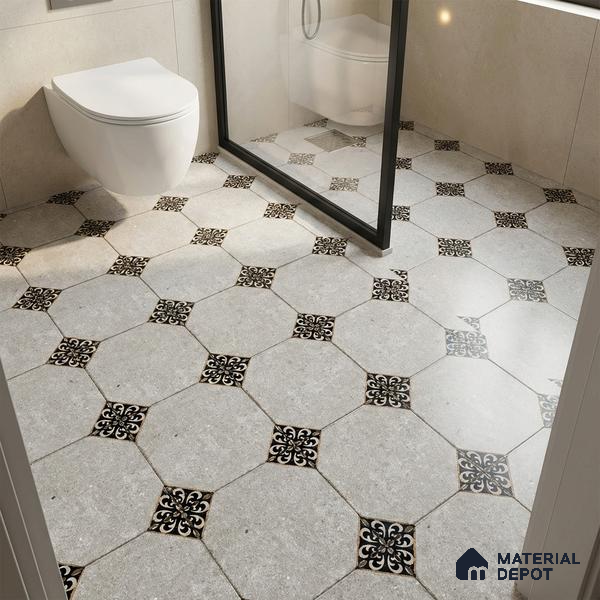 Moroccan Floor Tile TL 04784 Earthen Slate Hexa Silver Grey 16 x 16 inch Vitrified Anti Skid Matte Finish - 12 mm | Suitable for Parking, Terrace, Balcony, Courtyard | Pattern Alignment May Vary | 2-3 mm Spacer is Mandatory