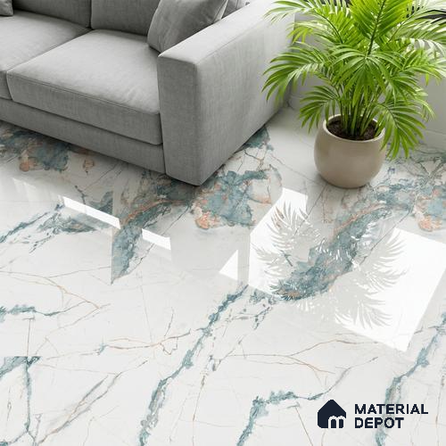 Marble Wall & Floor Tile TL 05146 Marblis Aqua Vein 4 ft x 2 ft Vitrified Endless Glossy Finish - 9 mm (Random 3) | Suitable for Living Room, Bedroom & Bathroom