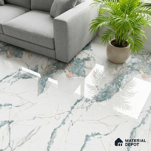 Marble Wall & Floor Tile TL 05146 Marblis Aqua Vein 4 ft x 2 ft Vitrified Endless Glossy Finish - 9 mm (Random 3) | Suitable for Living Room, Bedroom & Bathroom