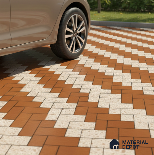 Stone Brick Floor Tile TL 05300 C Strada Herringbone Triza 16 inch x 16 inch Vitrified Punch Matte Finish - 12 mm | Suitable for Parking, Balcony, Courtyard, Patio, Terrace | Pattern Alignment May Vary | 2-3 mm Spacer is Mandatory
