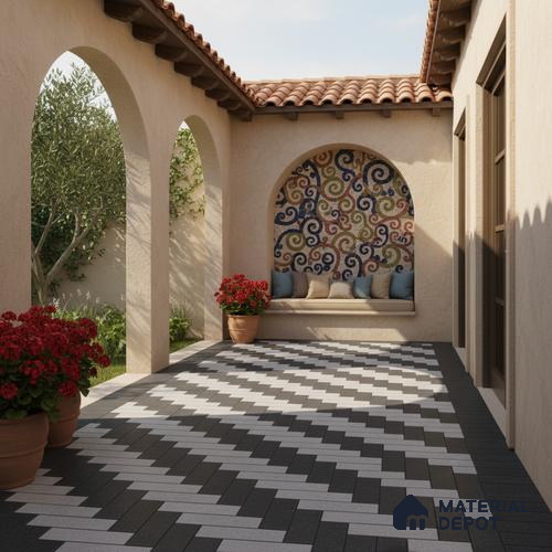 Stone Floor Tile TL 05300 E Strada Herringbone Shadow 16 inch x 16 inch Vitrified Punch Matte Finish - 12 mm | Suitable for Parking, Balcony, Courtyard, Patio, Terrace | Pattern Alignment May Vary | 2-3 mm Spacer is Mandatory