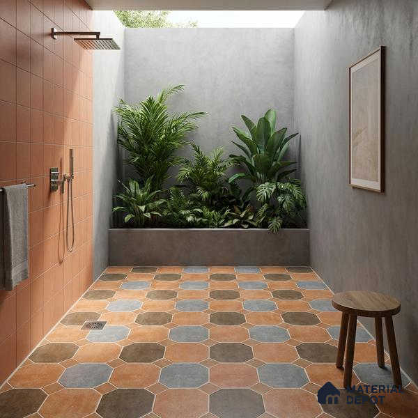 Hexagonal Look Floor Tile TL 05305 Strada Terracotta Octanne 16 inch x 16 inch Vitrified Plain Matte Finish - 12 mm | Suitable for Parking, Balcony, Courtyard, Patio, Terrace | Pattern Alignment May Vary | 2-3 mm Spacer is Mandatory