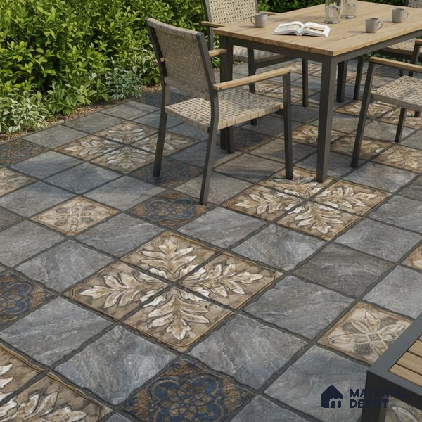 Moroccan Floor Tile TL 05333 Strada Floriana Grey 16 inch x 16 inch Vitrified Punch Matte Finish - 12 mm | Suitable for Parking, Balcony, Courtyard, Patio, Terrace | Pattern Alignment May Vary | 2-3 mm Spacer is Mandatory