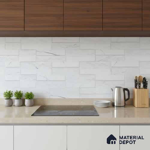 Faux Subway Wall Tile TL 05380 B Miraq Marquina White 2 ft x 1 ft Ceramic Matte Finish - 8 mm | Suitable For Kitchen, Bathroom Walls and Backsplashes | Please Expect a Slight Variation of Pattern