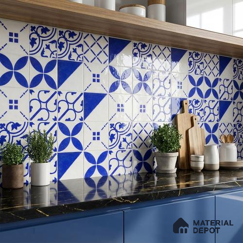 Subway Wall & Floor Handmade Tile TL 05860 E Bold Slash Azure Harmony 98 mm x 98 mm Vitrified - 9 mm | 6 Random Patterns | Suitable For Living Room, Bedroom, Kitchen
