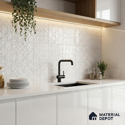 Subway Wall & Floor Handmade Tile TL 05861 C Floral Octagon Frost Bloom 148 mm x 148 mm Vitrified - 9 mm | 4 Random Patterns | Suitable For Living Room, Bedroom, Kitchen